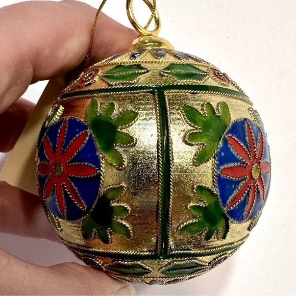 Cloisonné Enamel Ornament Gold Plate Red Blue Green Flower & Holly Artisan Made - Picture 7 of 13